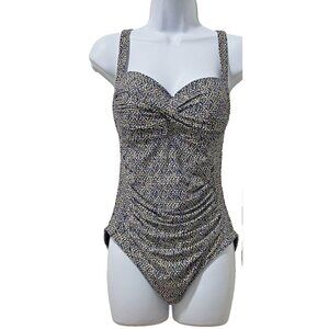 Nip Tuck Womens Sz 8 One Piece Bathing Suit Multi Fit Cup Blue White Gold Beach